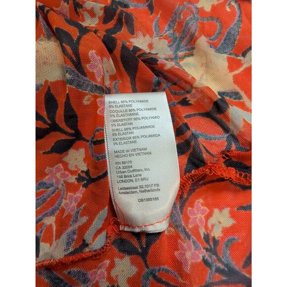 Free People Top Womens Small Orange Floral Mesh Button Front Fitted Blouse Boho - Picture 6 of 10
